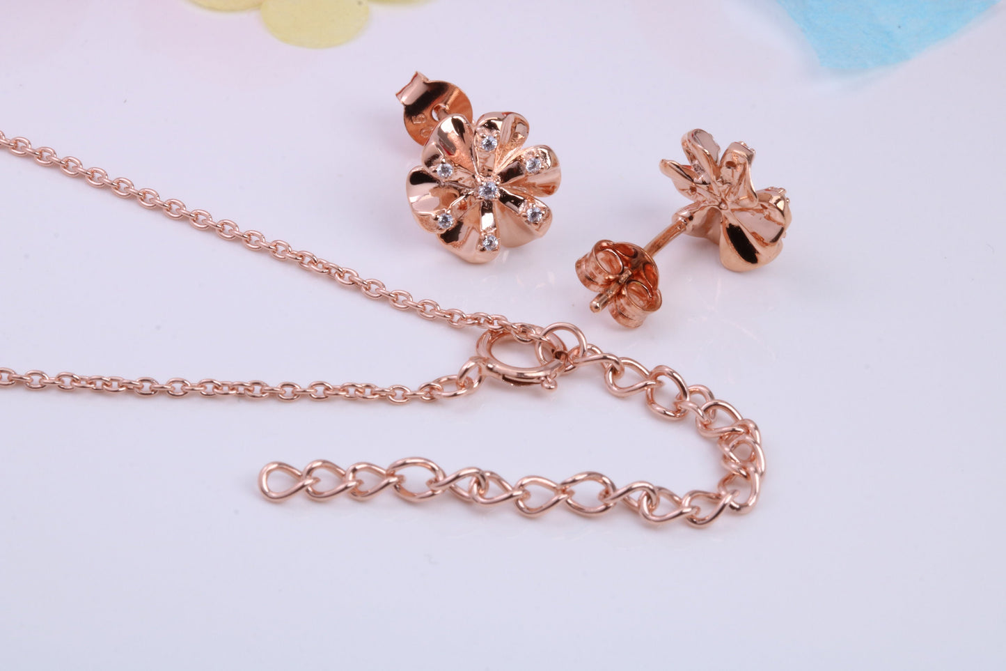Flower Cubic Zirconia set Necklace and Earrings, Made from solid Sterling Silver, 18ct Rose Gold Plated