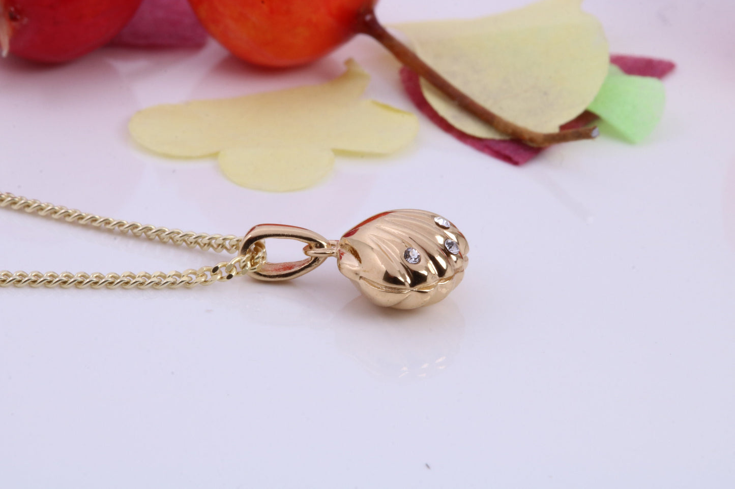 Shell Necklace set with Cubic Zirconia, Made from solid Sterling Silver, 18ct Yellow Gold Plated
