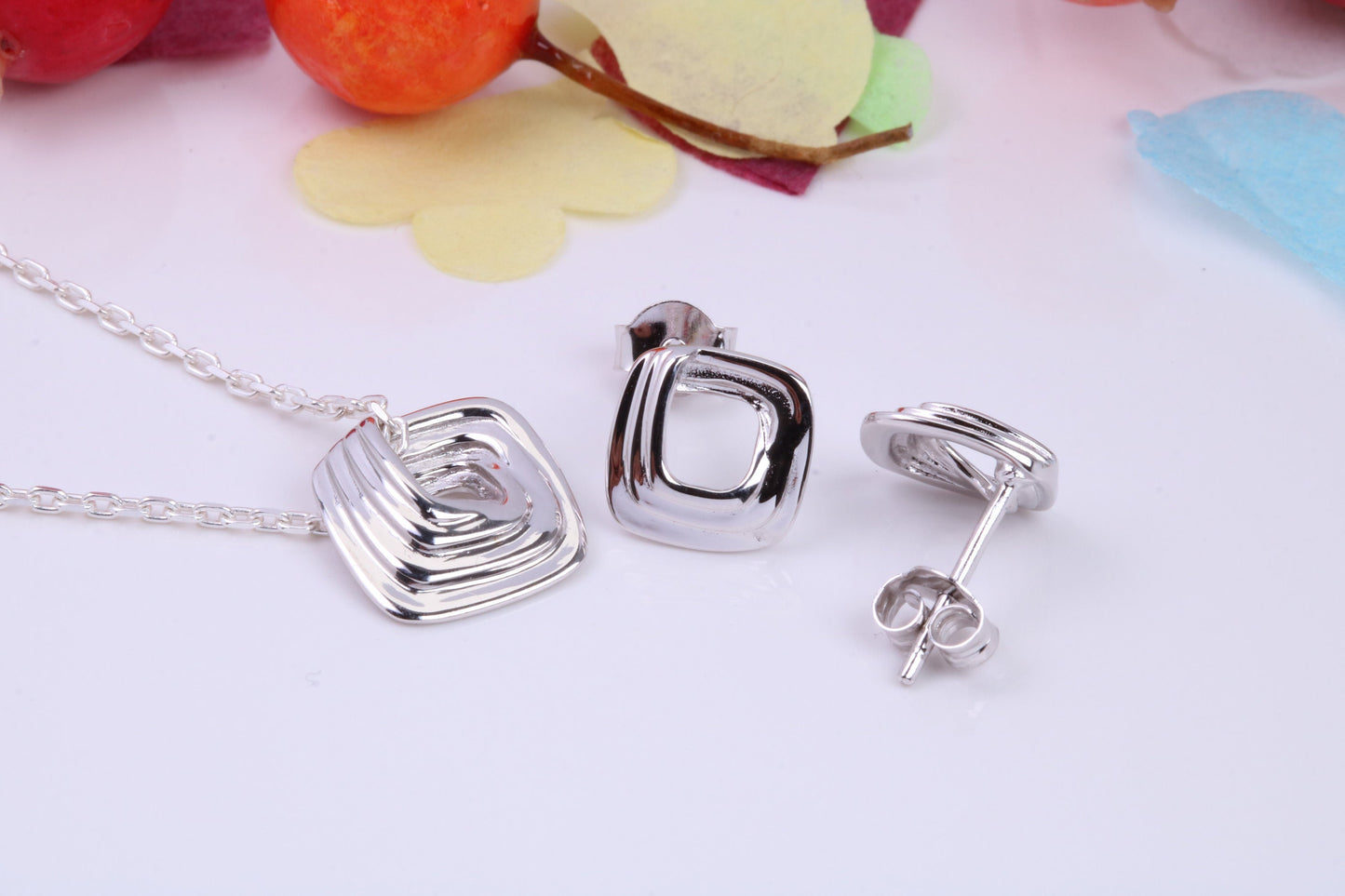 Square Face Necklace and Earrings, Made from solid Sterling Silver