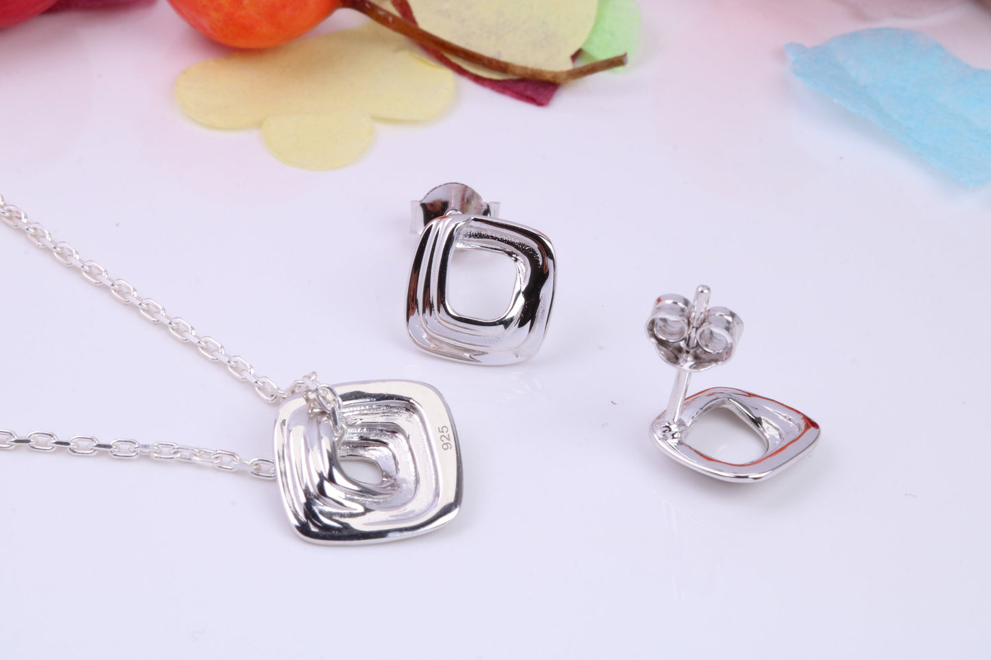 Square Face Necklace and Earrings, Made from solid Sterling Silver