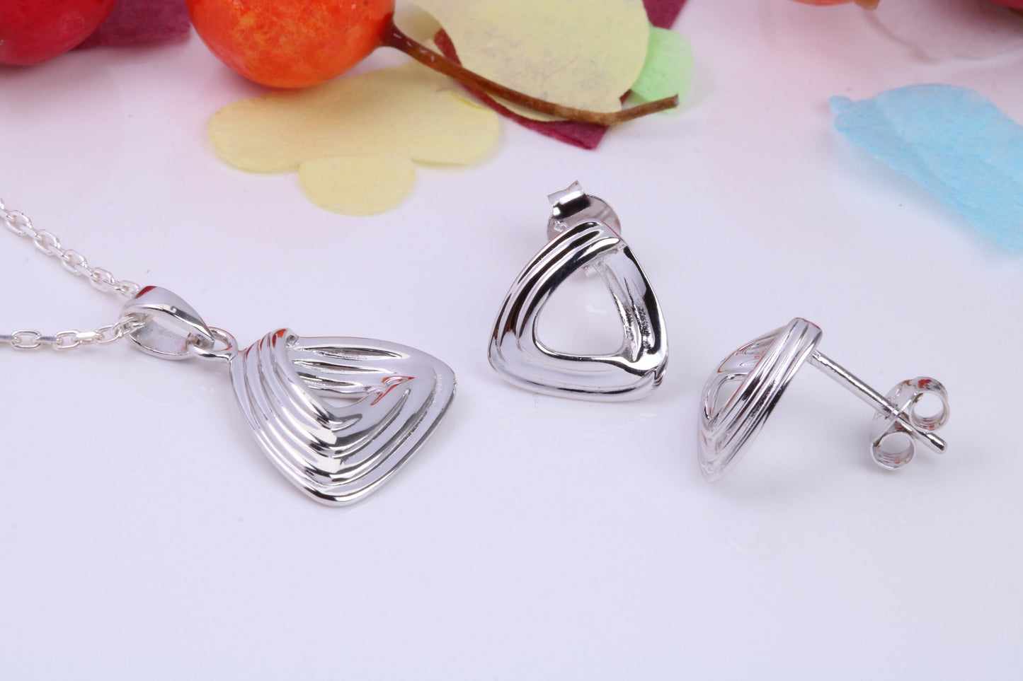 Triangle Face Necklace and Earrings, Made from solid Sterling Silver