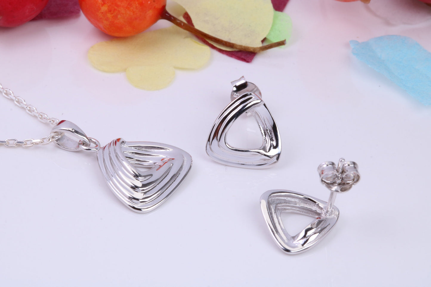 Triangle Face Necklace and Earrings, Made from solid Sterling Silver