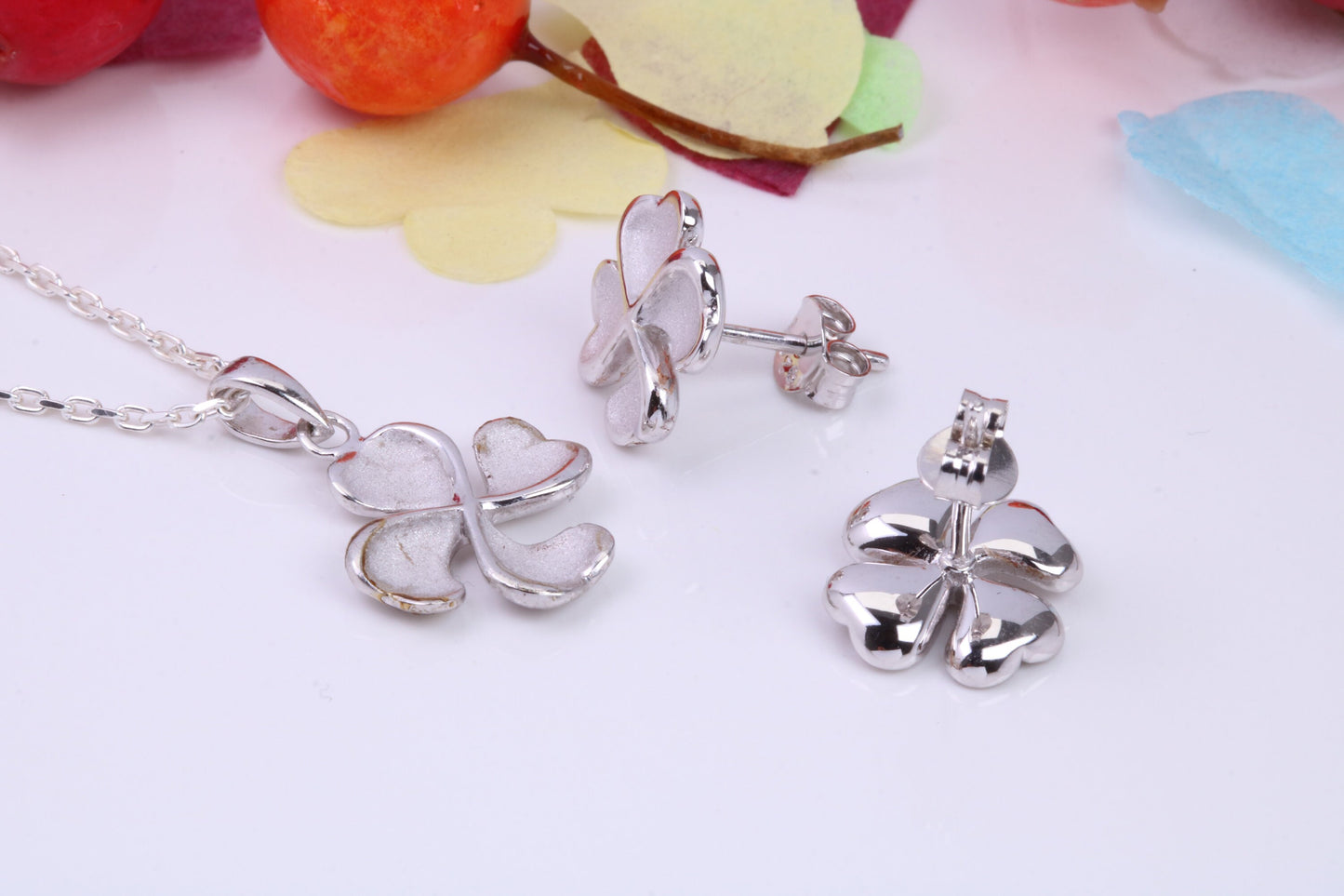 Clover Flower Necklace and Earrings, Made from solid Sterling Silver
