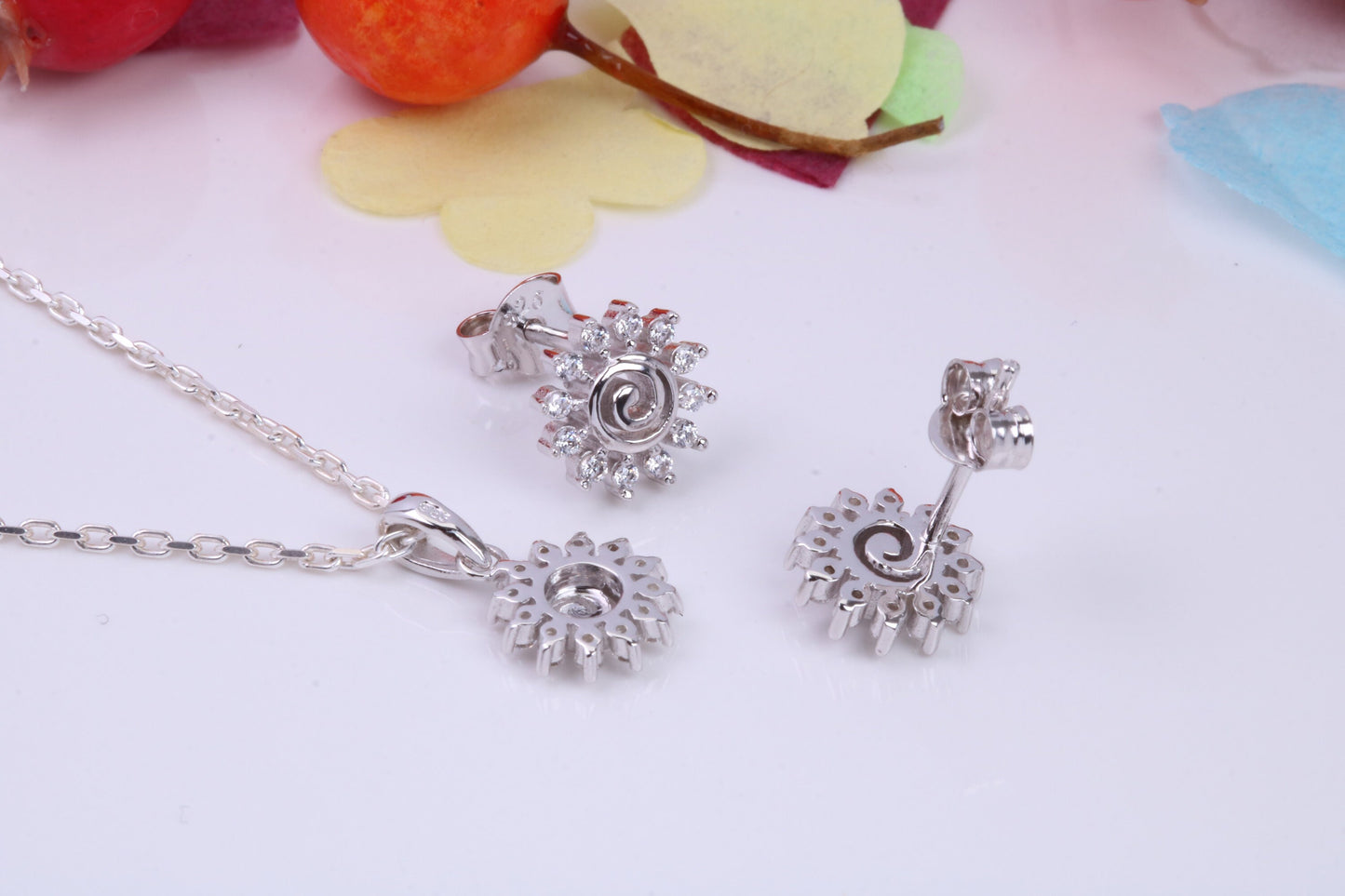 Daisy Flower Cubic Zirconia set Necklace and Earrings, Made from solid Sterling Silver