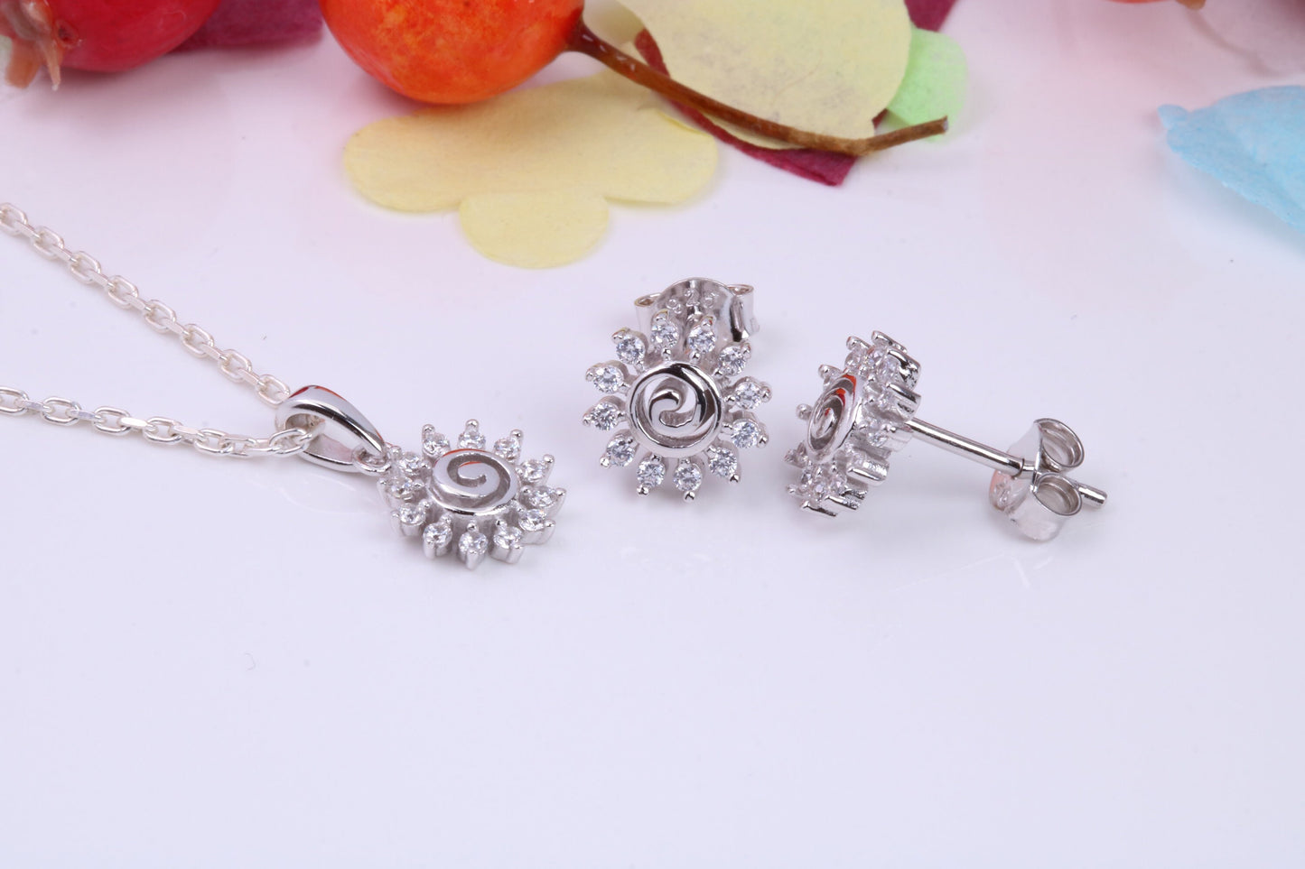 Daisy Flower Cubic Zirconia set Necklace and Earrings, Made from solid Sterling Silver