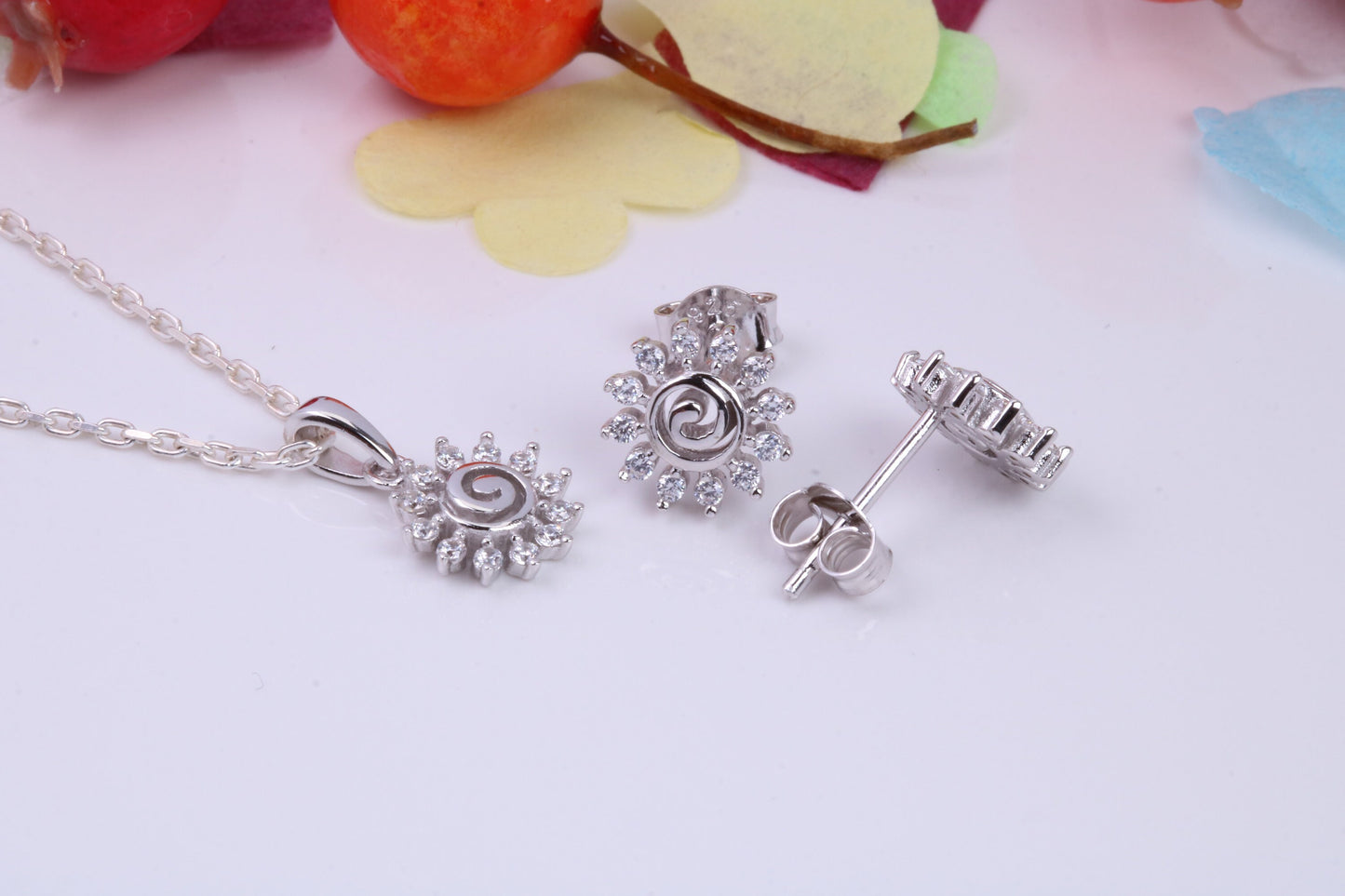 Daisy Flower Cubic Zirconia set Necklace and Earrings, Made from solid Sterling Silver