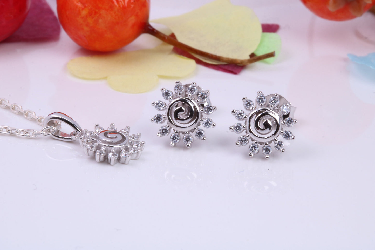 Daisy Flower Cubic Zirconia set Necklace and Earrings, Made from solid Sterling Silver