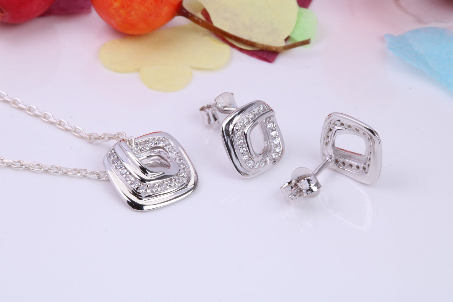 Square Face Necklace and Earrings, Cubic Zirconia set, Made from solid Sterling Silver
