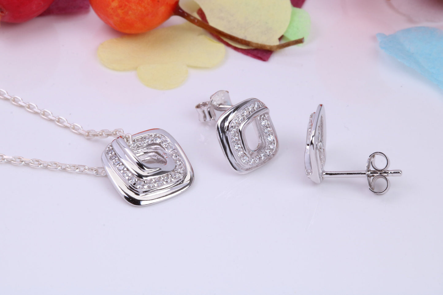 Square Face Necklace and Earrings, Cubic Zirconia set, Made from solid Sterling Silver