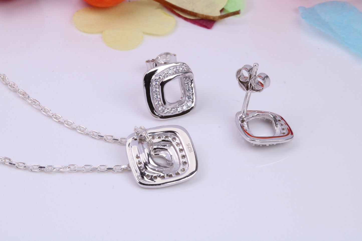 Square Face Necklace and Earrings, Cubic Zirconia set, Made from solid Sterling Silver