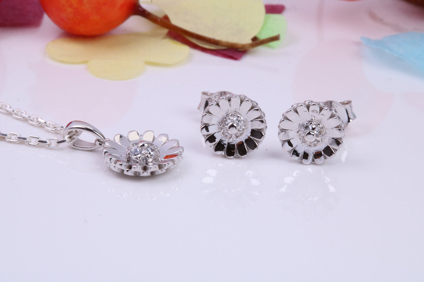 Daisy Flower Cubic Zirconia set Necklace and Earrings, Made from solid Sterling Silver