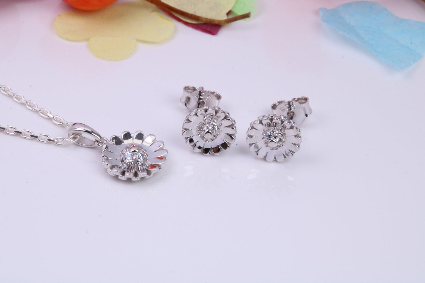 Daisy Flower Cubic Zirconia set Necklace and Earrings, Made from solid Sterling Silver