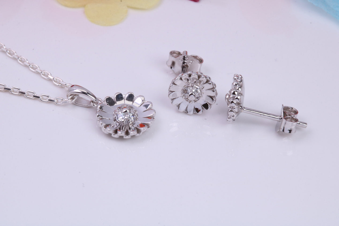 Daisy Flower Cubic Zirconia set Necklace and Earrings, Made from solid Sterling Silver