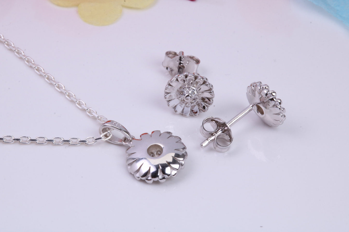 Daisy Flower Cubic Zirconia set Necklace and Earrings, Made from solid Sterling Silver