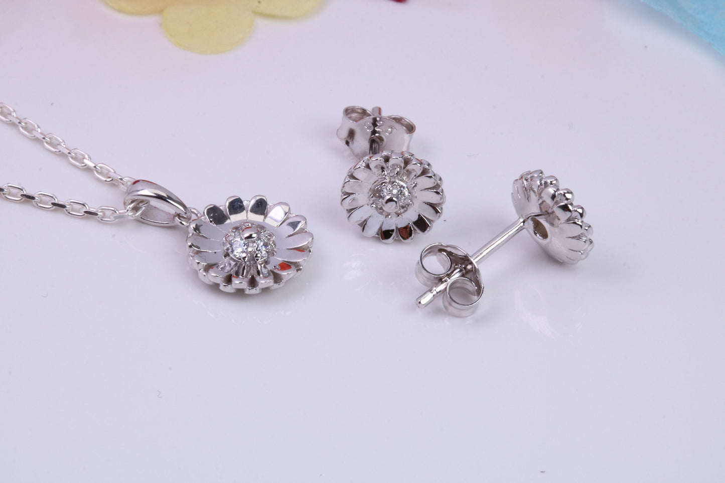 Daisy Flower Cubic Zirconia set Necklace and Earrings, Made from solid Sterling Silver