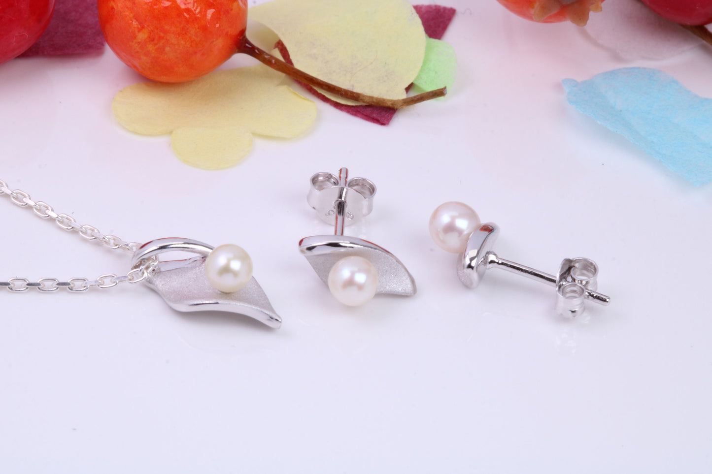 Fresh Water Cultured Pearl set Necklace and Earrings, Made from solid Sterling Silver