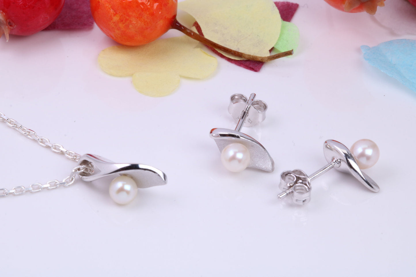 Fresh Water Cultured Pearl set Necklace and Earrings, Made from solid Sterling Silver