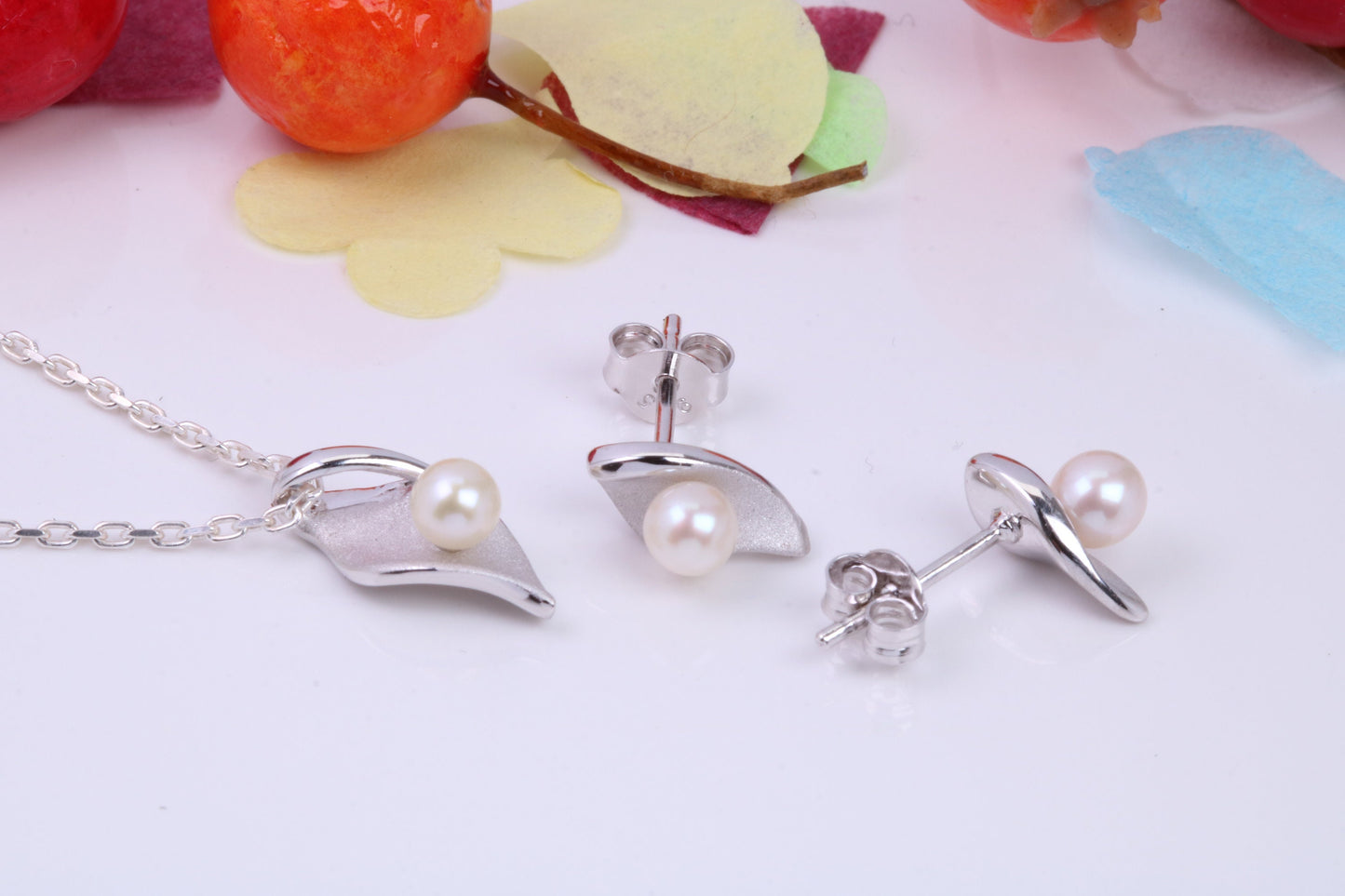 Fresh Water Cultured Pearl set Necklace and Earrings, Made from solid Sterling Silver