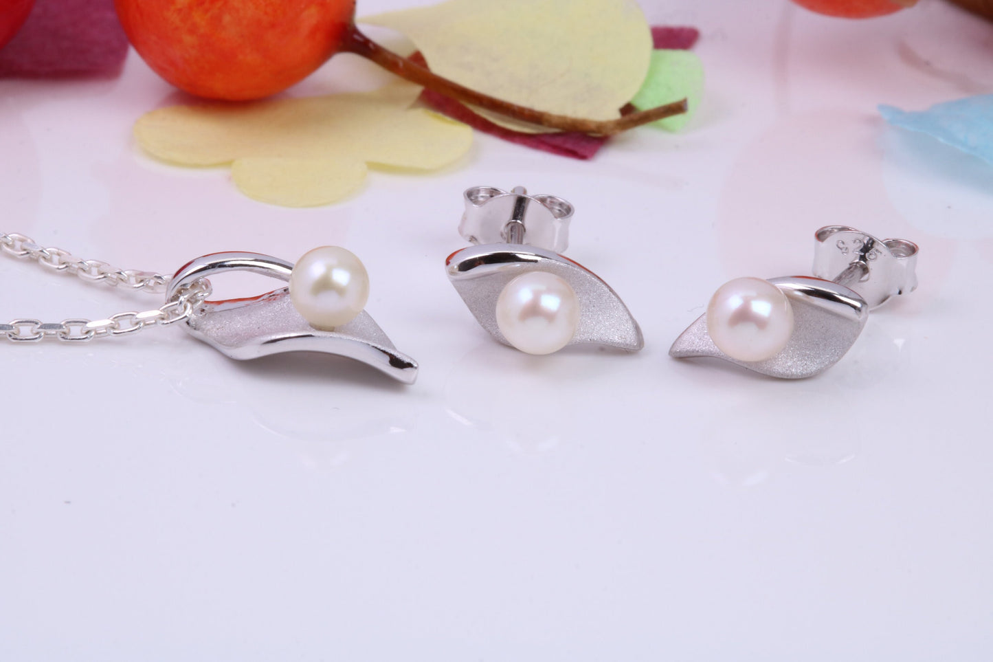 Fresh Water Cultured Pearl set Necklace and Earrings, Made from solid Sterling Silver