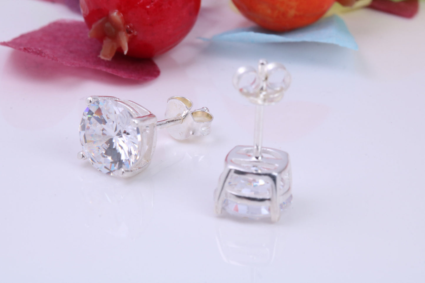 8 mm Round Cubic Zirconia set Stud Earrings, Made from Solid Cast Sterling Silver, Ideal for Gents