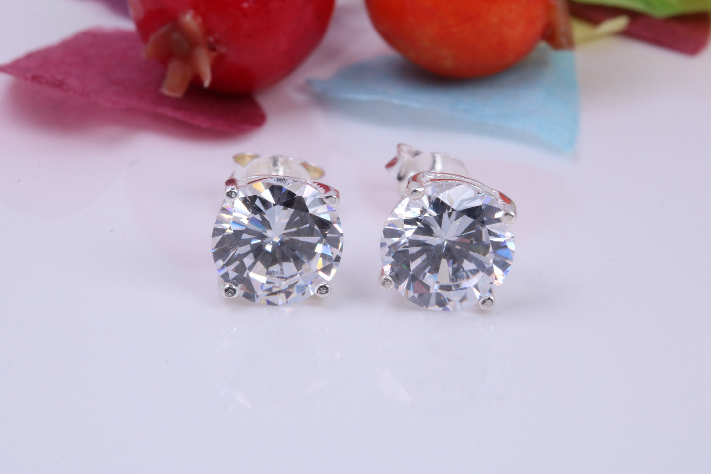 8 mm Round Cubic Zirconia set Stud Earrings, Made from Solid Cast Sterling Silver, Ideal for Gents