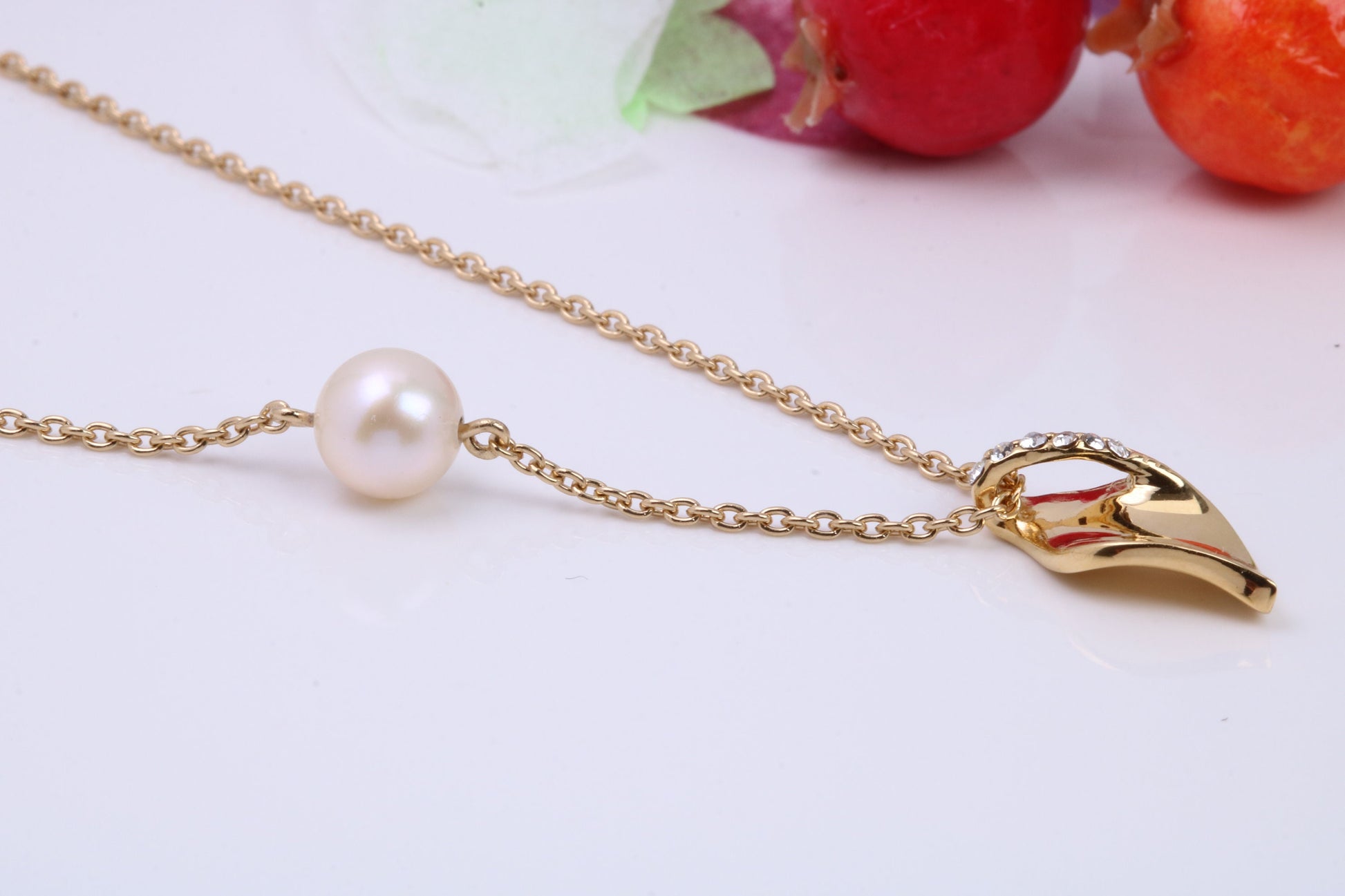 Pearl and Cubic Zirconia set Necklace with Length Adjustable Chain, Made from solid Sterling Silver, 18ct Yellow Gold Plated