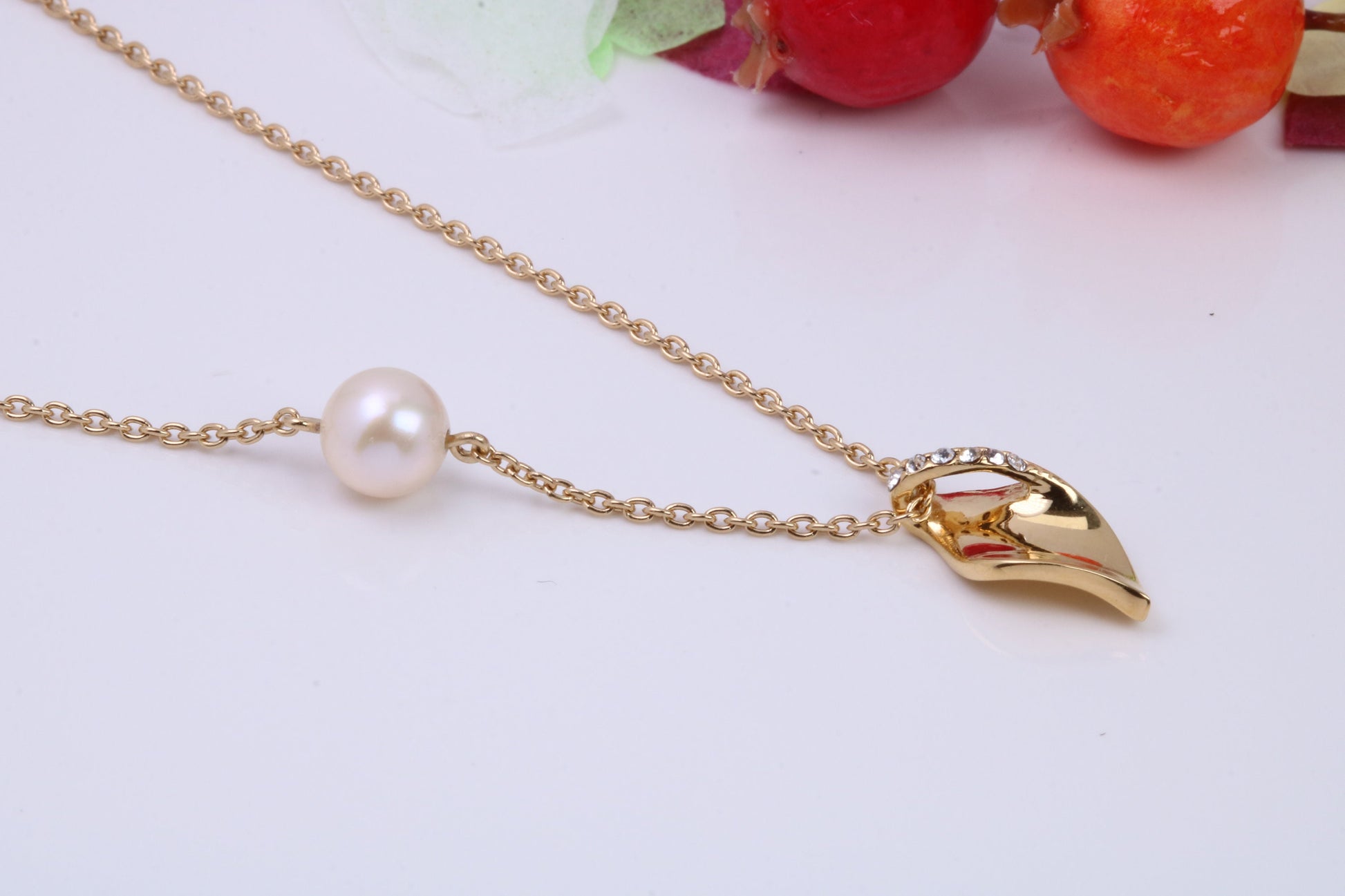 Pearl and Cubic Zirconia set Necklace with Length Adjustable Chain, Made from solid Sterling Silver, 18ct Yellow Gold Plated