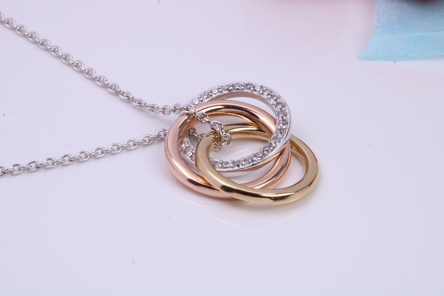 Triple Hoop Necklace with Length Adjustable Chain, Made from solid Sterling Silver, 18ct Yellow and Rose Gold Plated