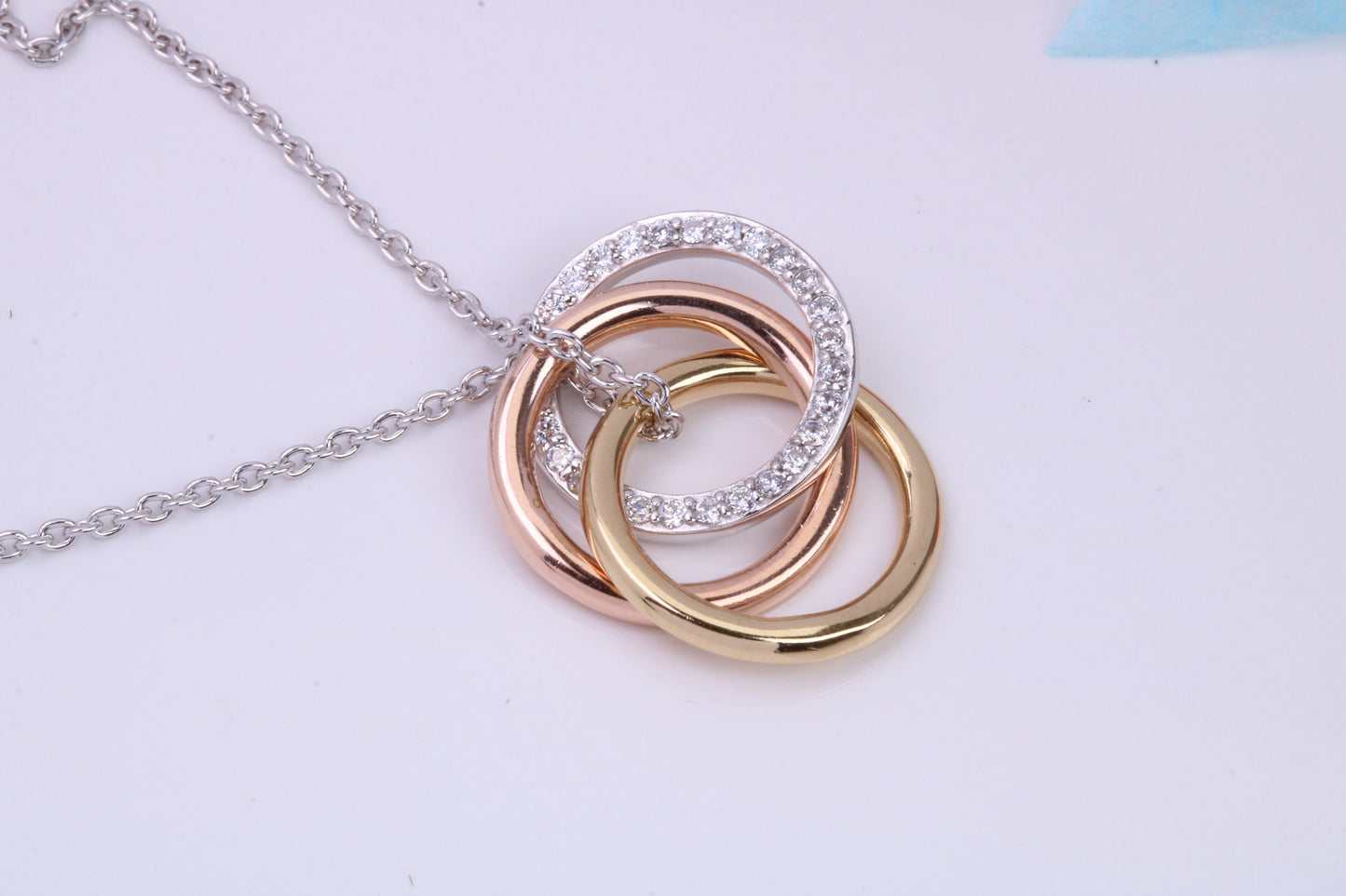 Triple Hoop Necklace with Length Adjustable Chain, Made from solid Sterling Silver, 18ct Yellow and Rose Gold Plated
