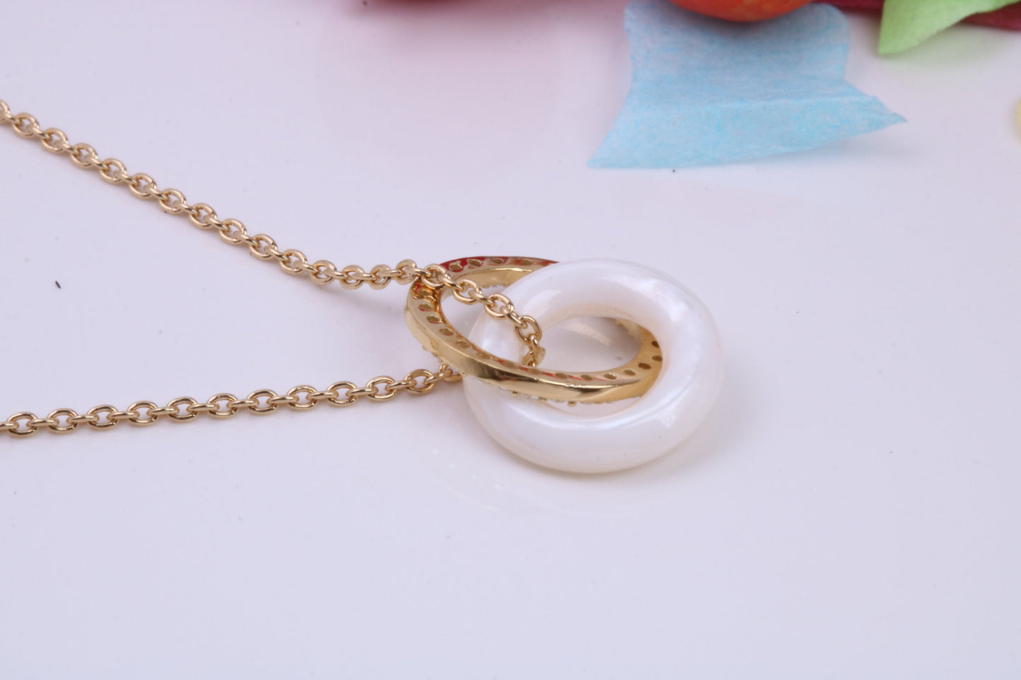 Double Hoop C Z and Mother of Pearl Necklace with Length Adjustable Chain, Made from solid Sterling Silver, 18ct Yellow and Rose Gold Plated