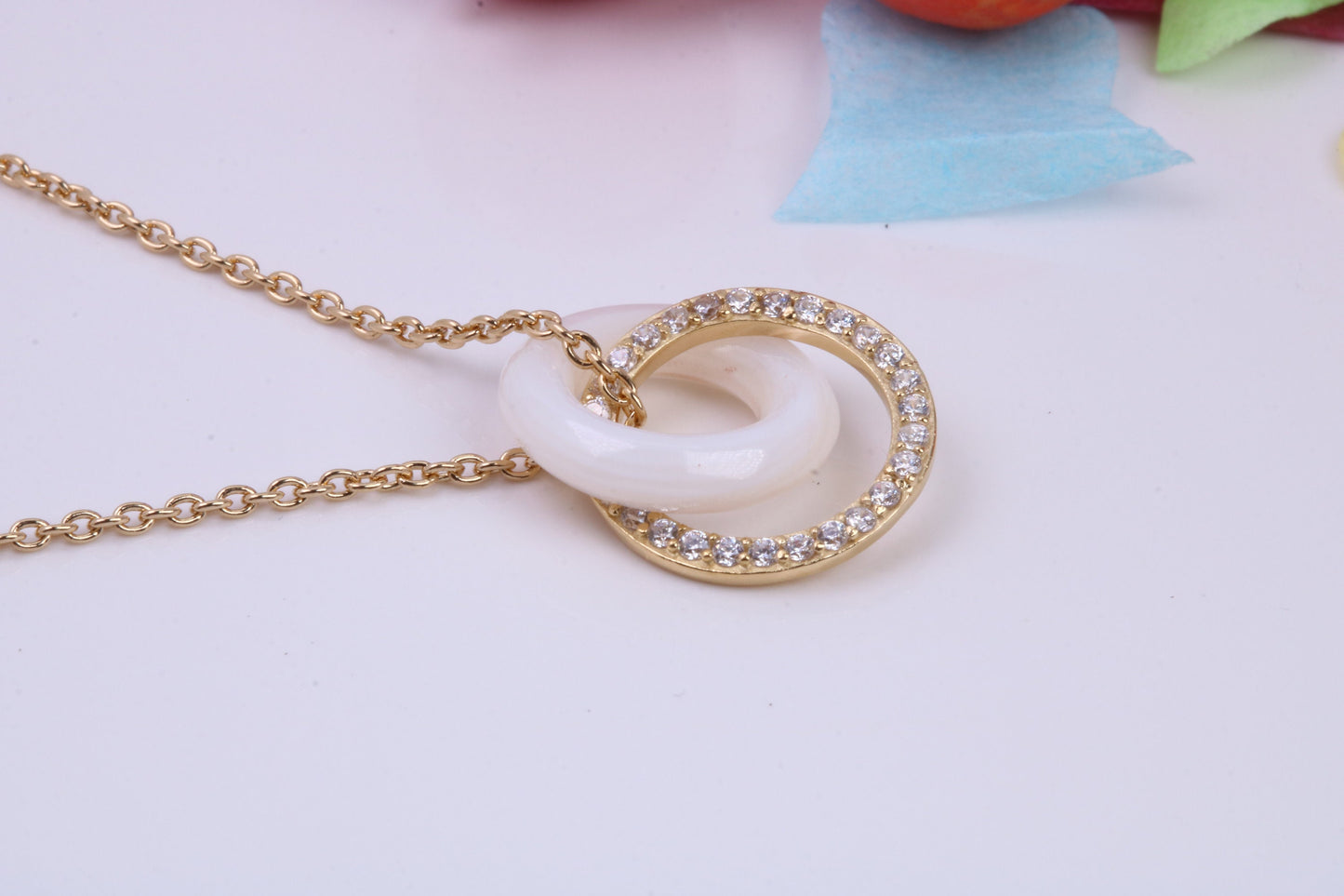 Double Hoop C Z and Mother of Pearl Necklace with Length Adjustable Chain, Made from solid Sterling Silver, 18ct Yellow and Rose Gold Plated