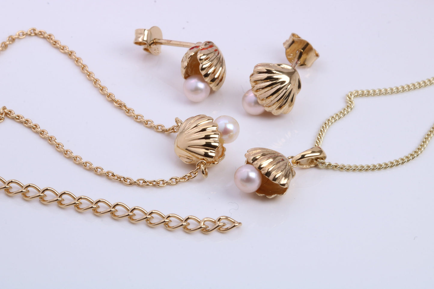 Pearl set Shell Necklace and Earrings with Matching Bracelet, Made from solid Sterling Silver, 18ct Yellow Gold Plated