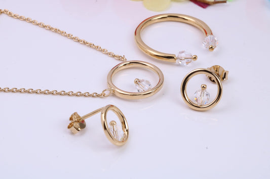 Necklace and Earrings with Matching Ring set With Cubic Zirconia, Made from solid Sterling Silver, 18ct Yellow Gold Plated