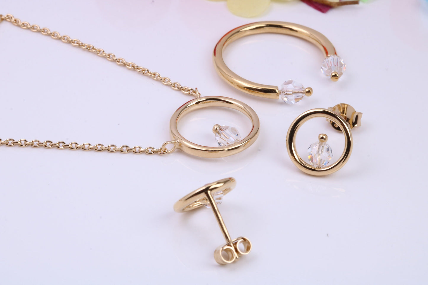 Necklace and Earrings with Matching Ring set With Cubic Zirconia, Made from solid Sterling Silver, 18ct Yellow Gold Plated