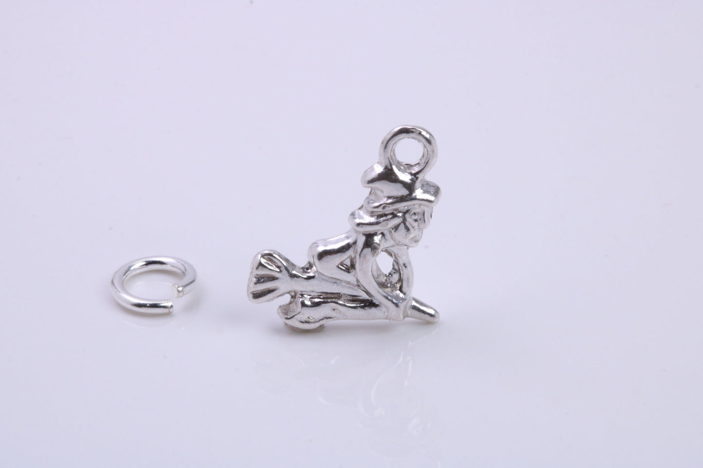 Witch on Broom Stick Charm, Traditional Charm, Made from Solid 925 Grade Sterling Silver, Complete with Attachment Link