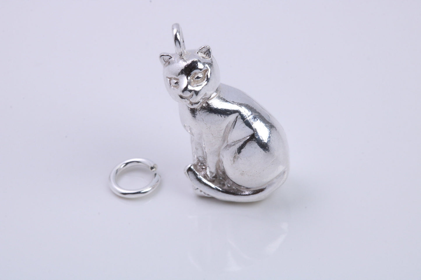 Large Sitting Cat Charm, Traditional Charm, Made from Solid 925 Grade Sterling Silver, Complete with Attachment Link