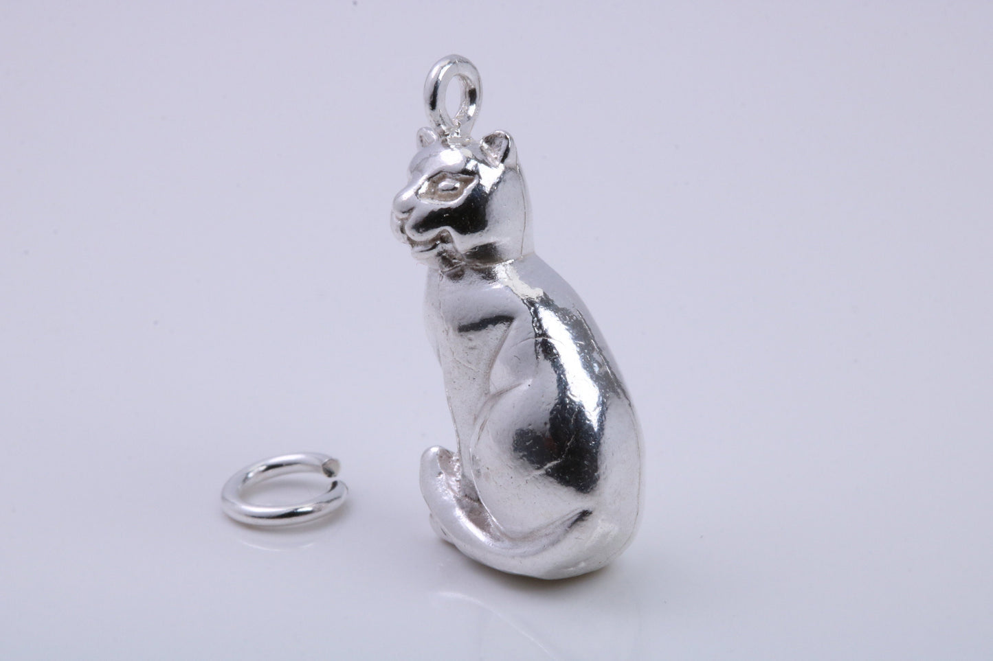 Large Sitting Cat Charm, Traditional Charm, Made from Solid 925 Grade Sterling Silver, Complete with Attachment Link
