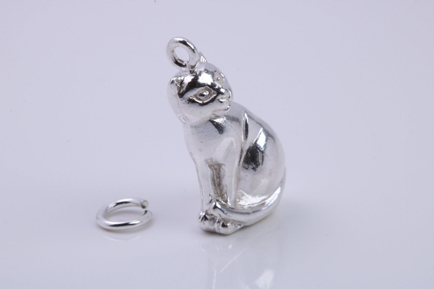 Large Sitting Cat Charm, Traditional Charm, Made from Solid 925 Grade Sterling Silver, Complete with Attachment Link