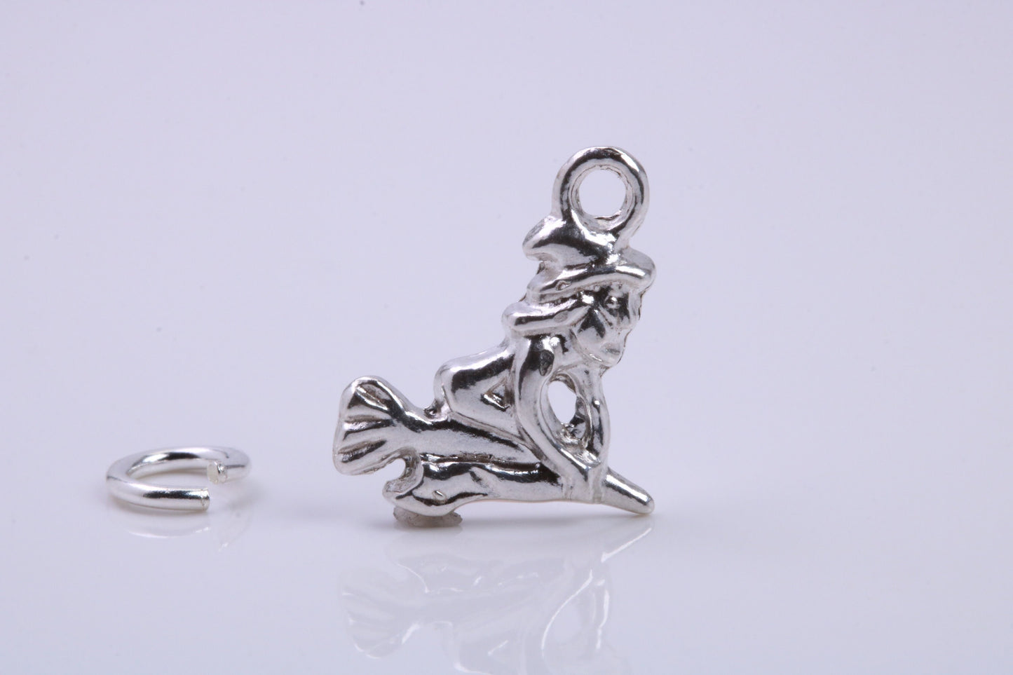 Witch on Broom Stick Charm, Traditional Charm, Made from Solid 925 Grade Sterling Silver, Complete with Attachment Link