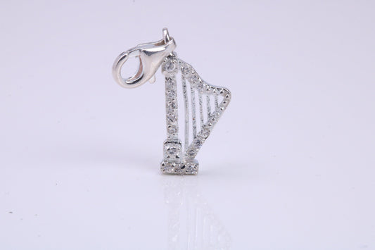 C Z Set Harp Charm, Traditional Charm, Made from Solid 925 Grade Sterling Silver, Complete with Attachment Link