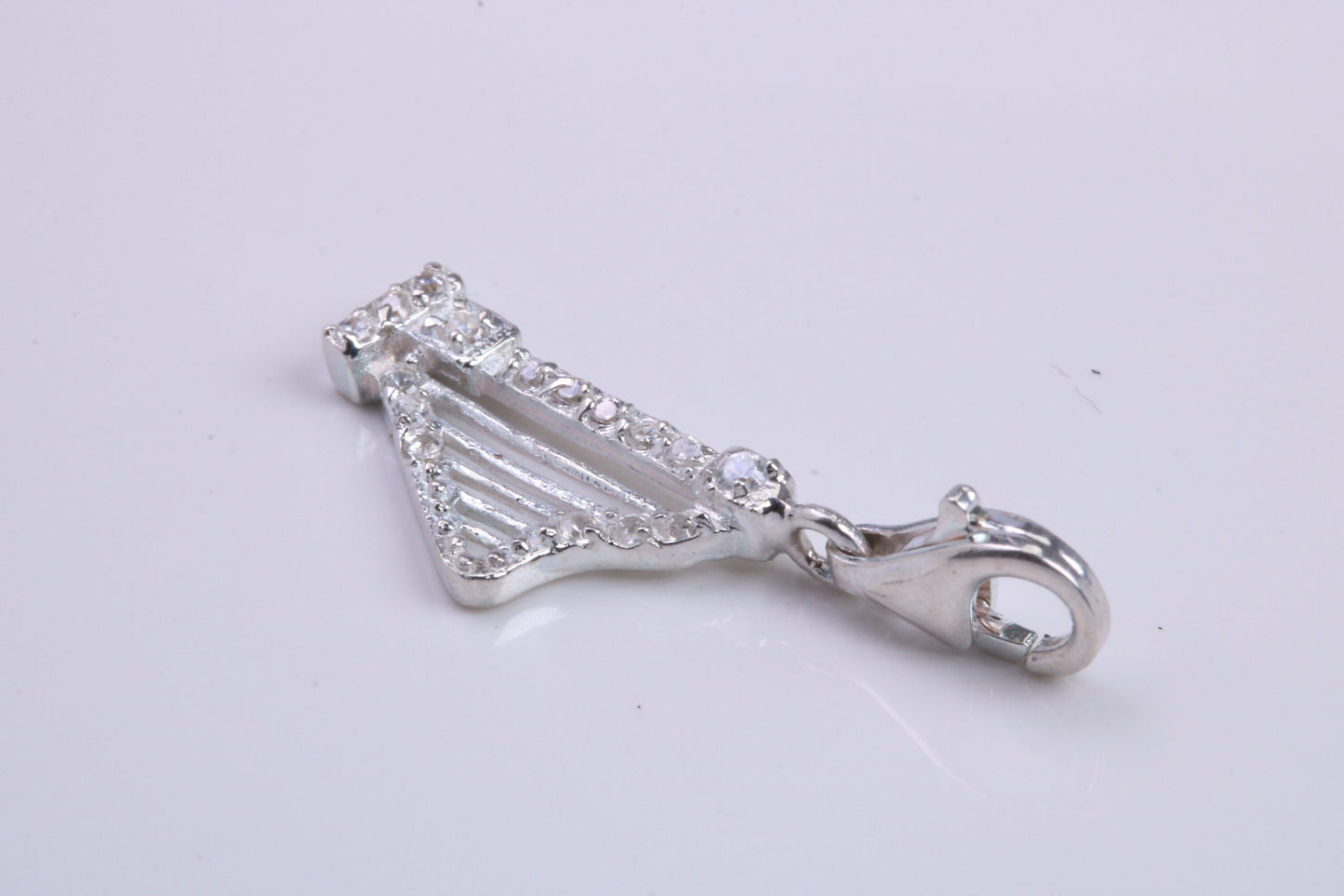 C Z Set Harp Charm, Traditional Charm, Made from Solid 925 Grade Sterling Silver, Complete with Attachment Link