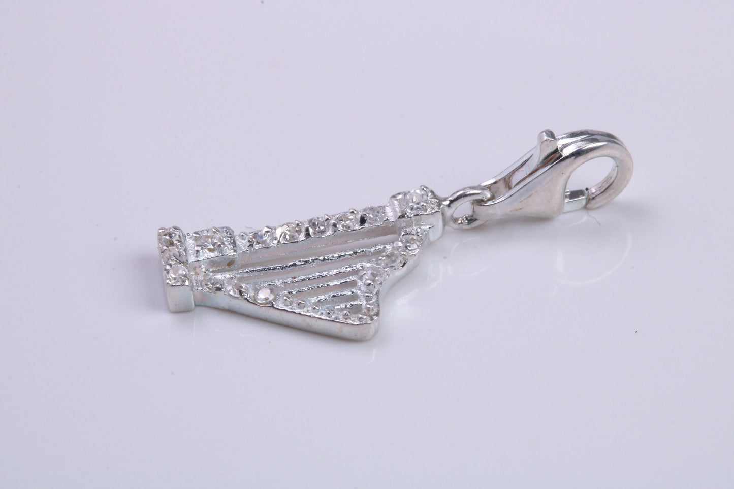 C Z Set Harp Charm, Traditional Charm, Made from Solid 925 Grade Sterling Silver, Complete with Attachment Link