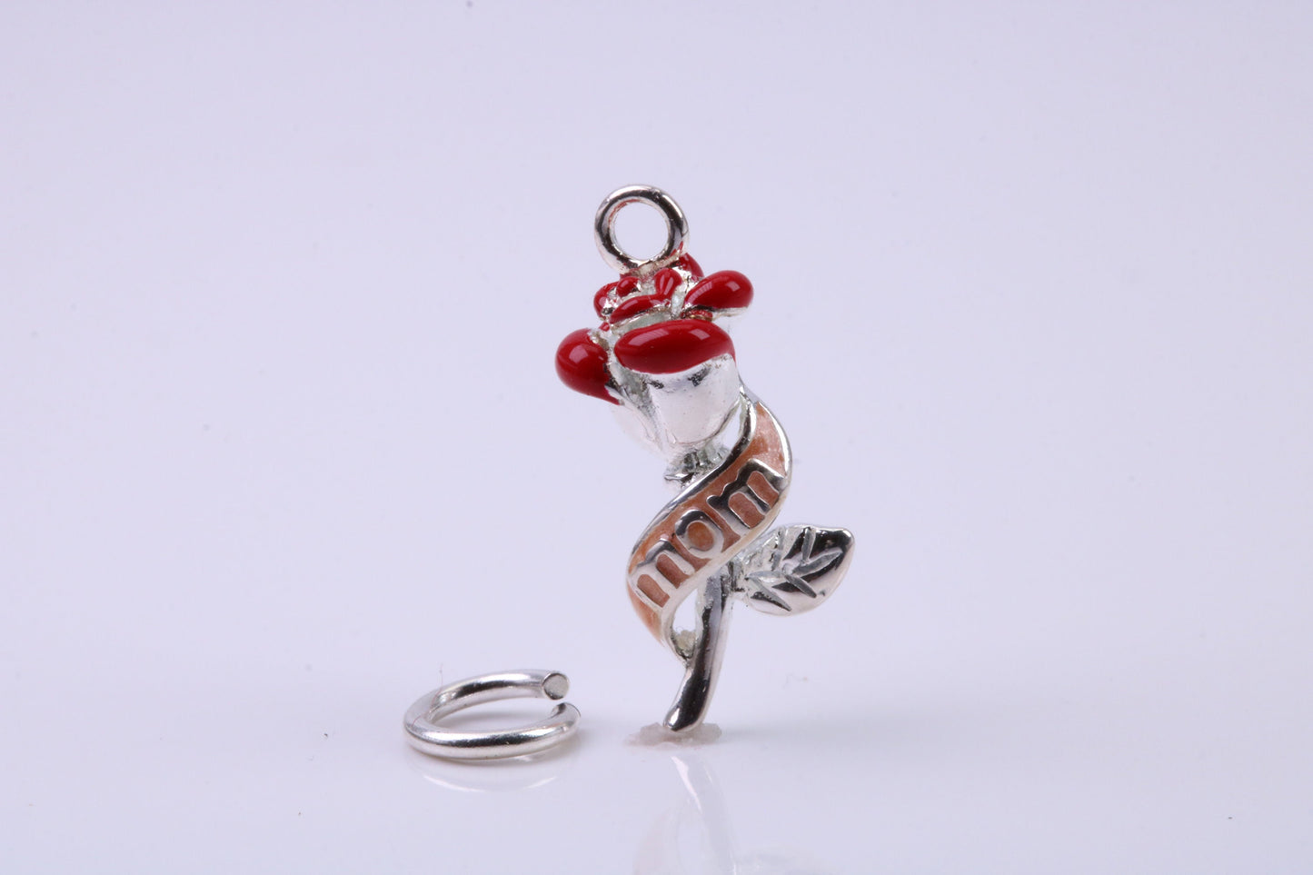 Red Mum Rose Flower Charm, Traditional Charm, Made from Solid 925 Grade Sterling Silver, Complete with Attachment Link