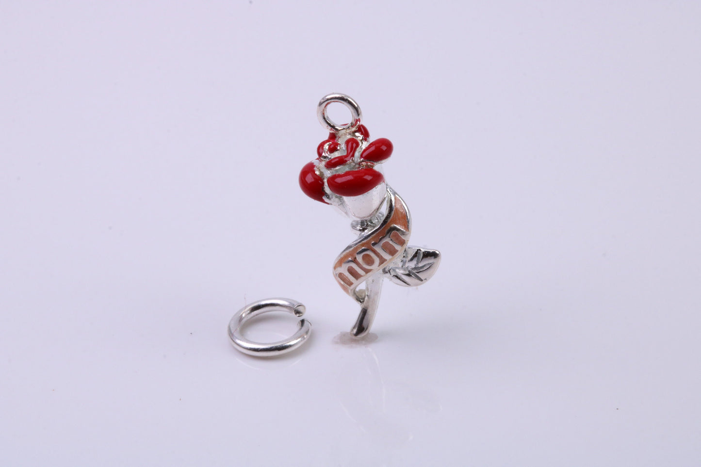 Red Mum Rose Flower Charm, Traditional Charm, Made from Solid 925 Grade Sterling Silver, Complete with Attachment Link