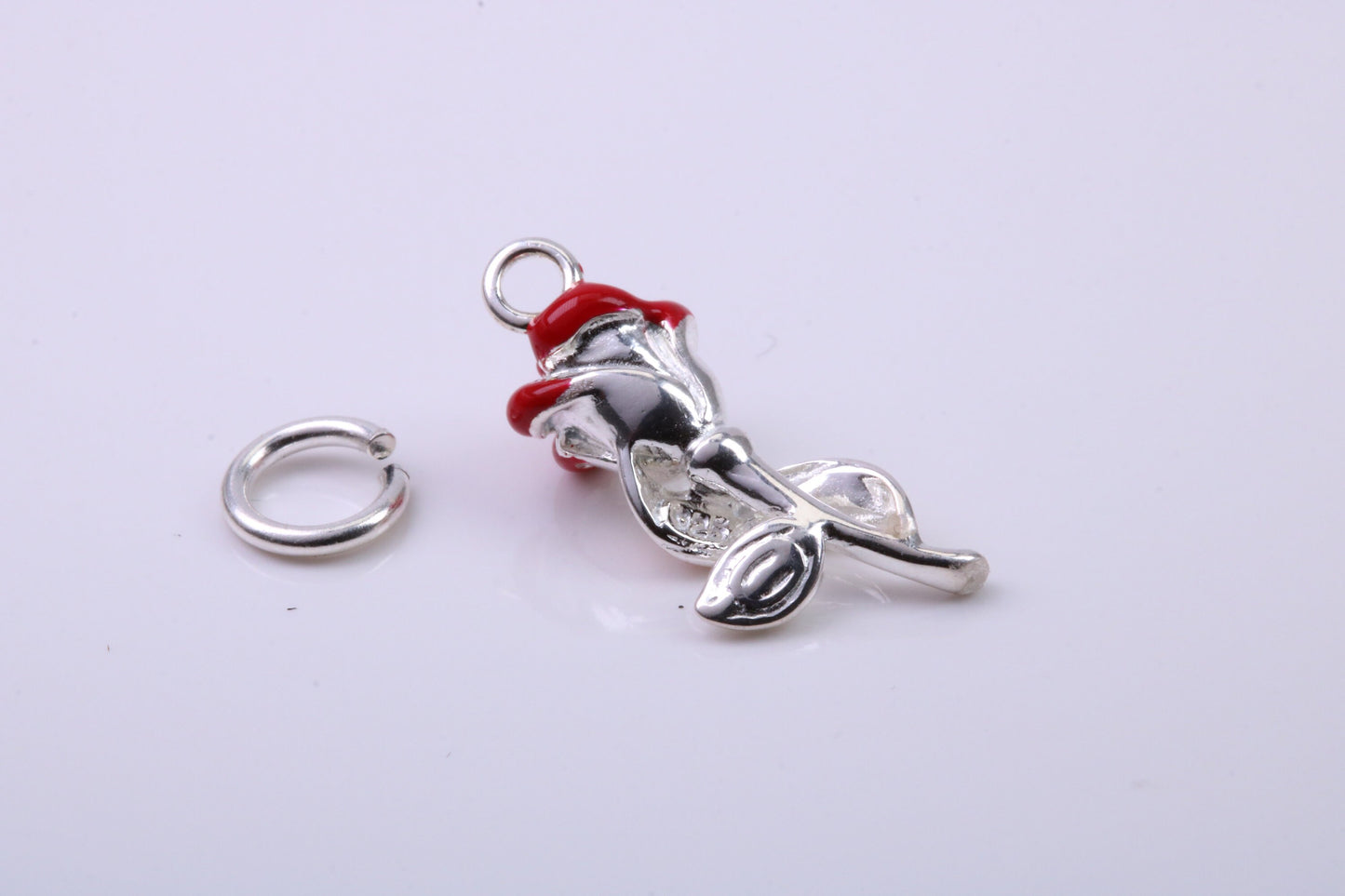 Red Mum Rose Flower Charm, Traditional Charm, Made from Solid 925 Grade Sterling Silver, Complete with Attachment Link