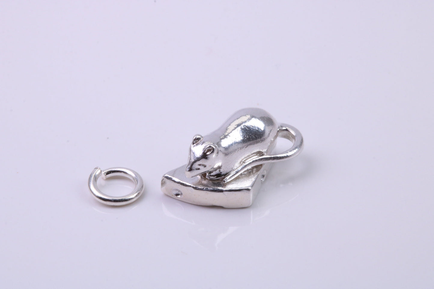 Mouse Eating Cheese Charm, Traditional Charm, Made from Solid 925 Grade Sterling Silver, Complete with Attachment Link