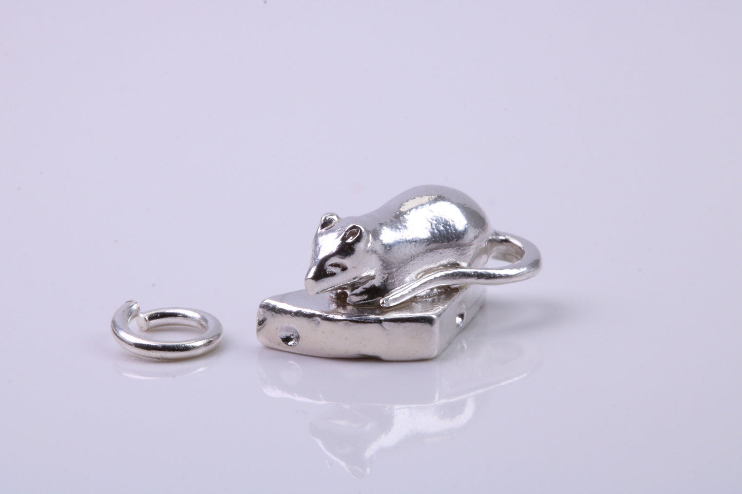 Mouse Eating Cheese Charm, Traditional Charm, Made from Solid 925 Grade Sterling Silver, Complete with Attachment Link