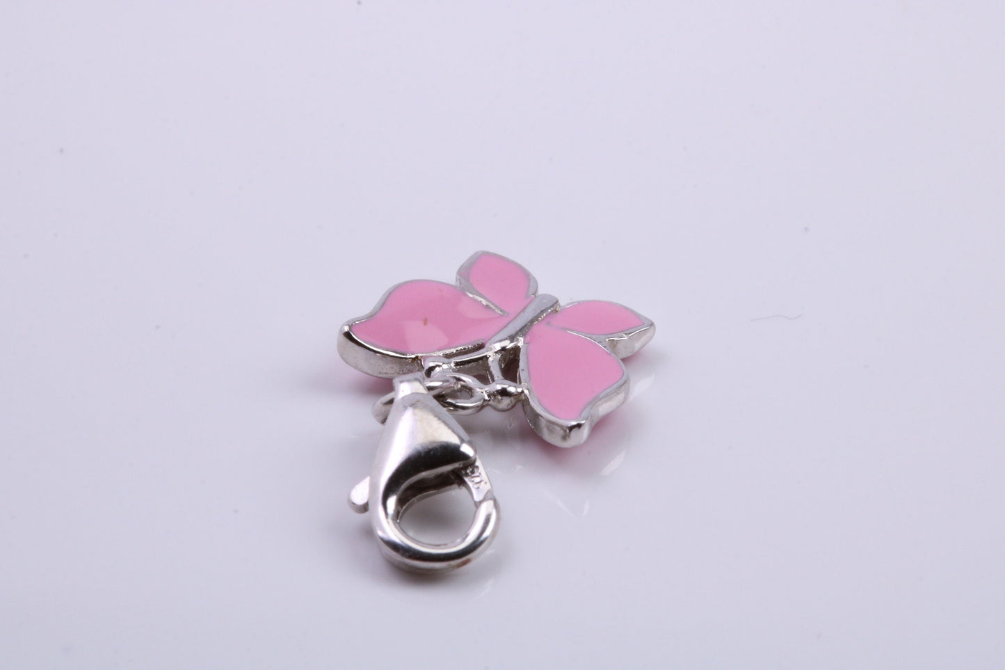 Pink Butterfly Charm, Traditional Charm, Made from Solid 925 Grade Sterling Silver, Complete with Attachment Link