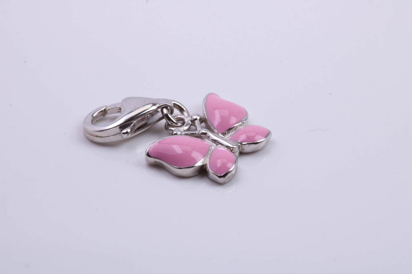 Pink Butterfly Charm, Traditional Charm, Made from Solid 925 Grade Sterling Silver, Complete with Attachment Link