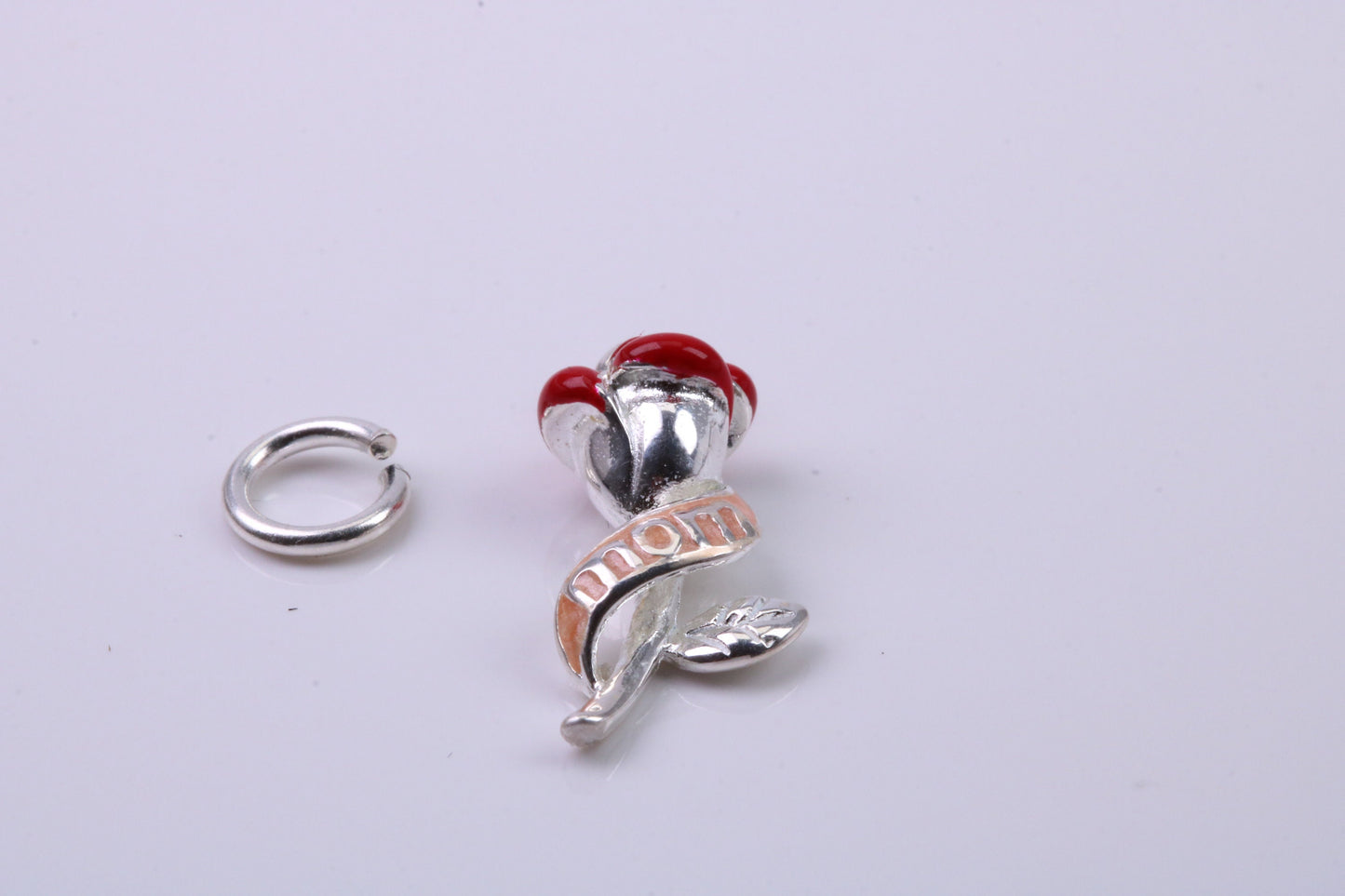Red Mum Rose Flower Charm, Traditional Charm, Made from Solid 925 Grade Sterling Silver, Complete with Attachment Link